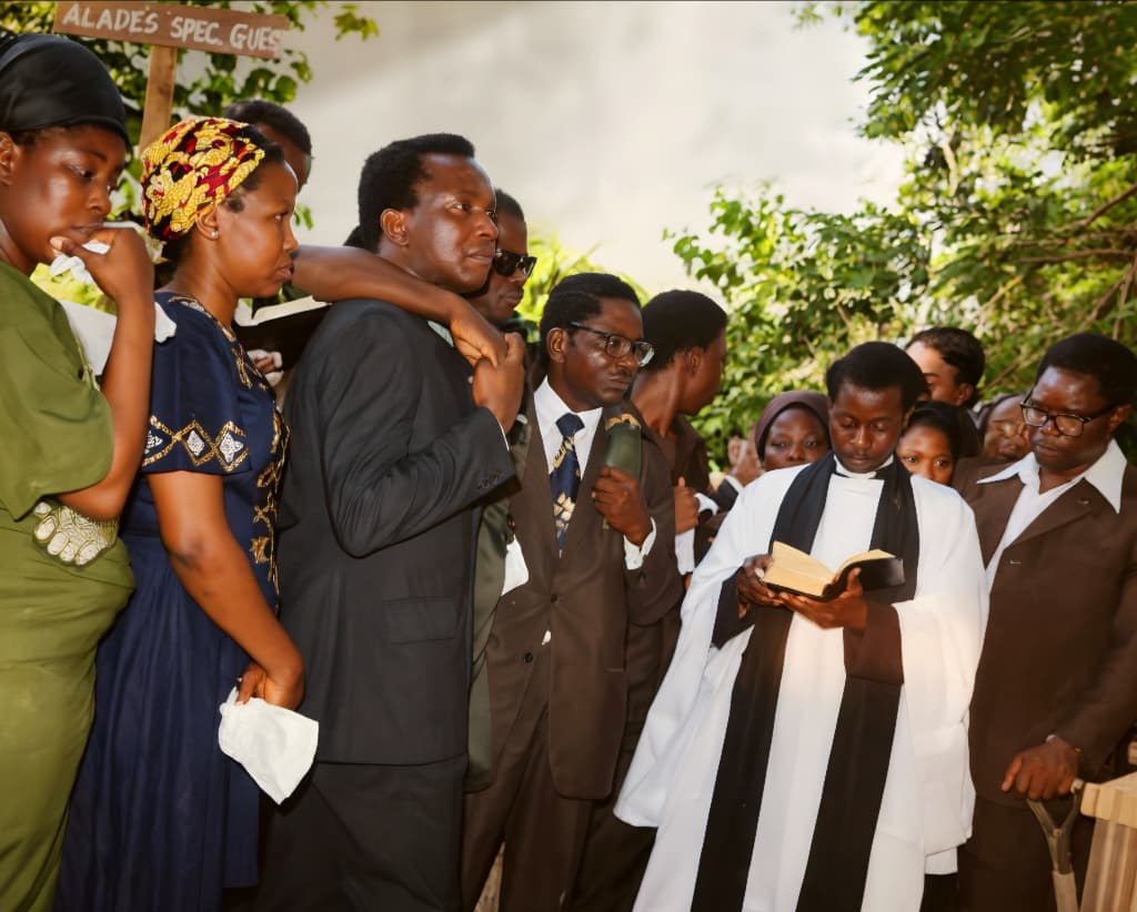 Family and clergy in prayer at the funeral of Mrs Olayemi Fola-Alade.